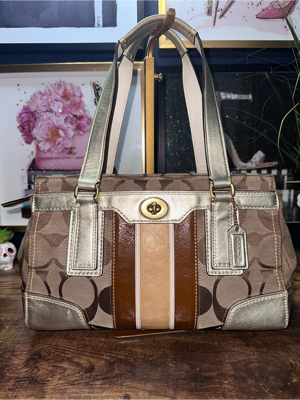 2007 Coach Hampton Signature Satchel in metallic gold and brown canvas